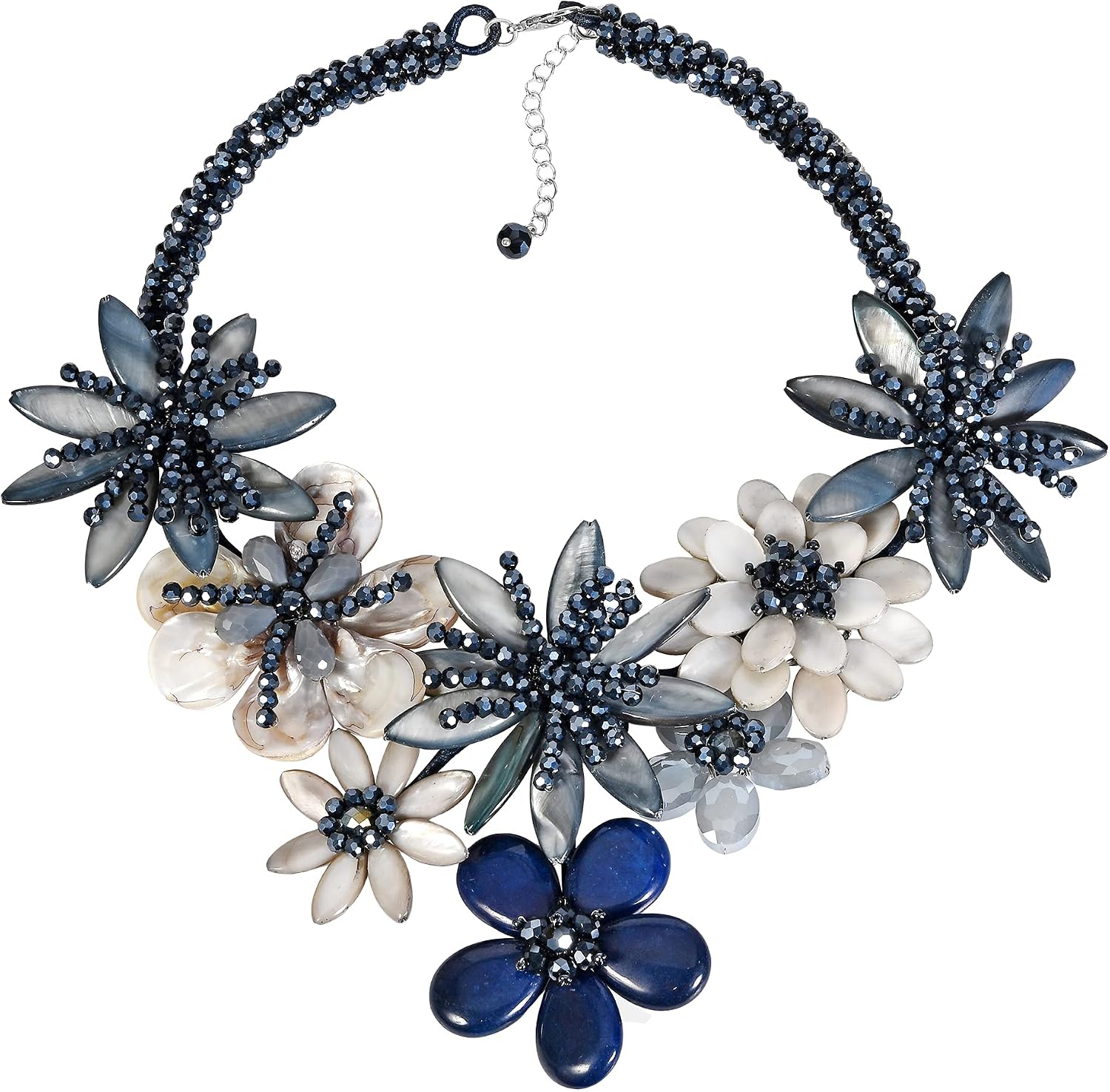AeraVida Unique Night Garden Black and Blue Stone with Crystal Bead Statement Necklace | Handmade Flower Collar Necklace | Boho Jewelry | Gift for HER