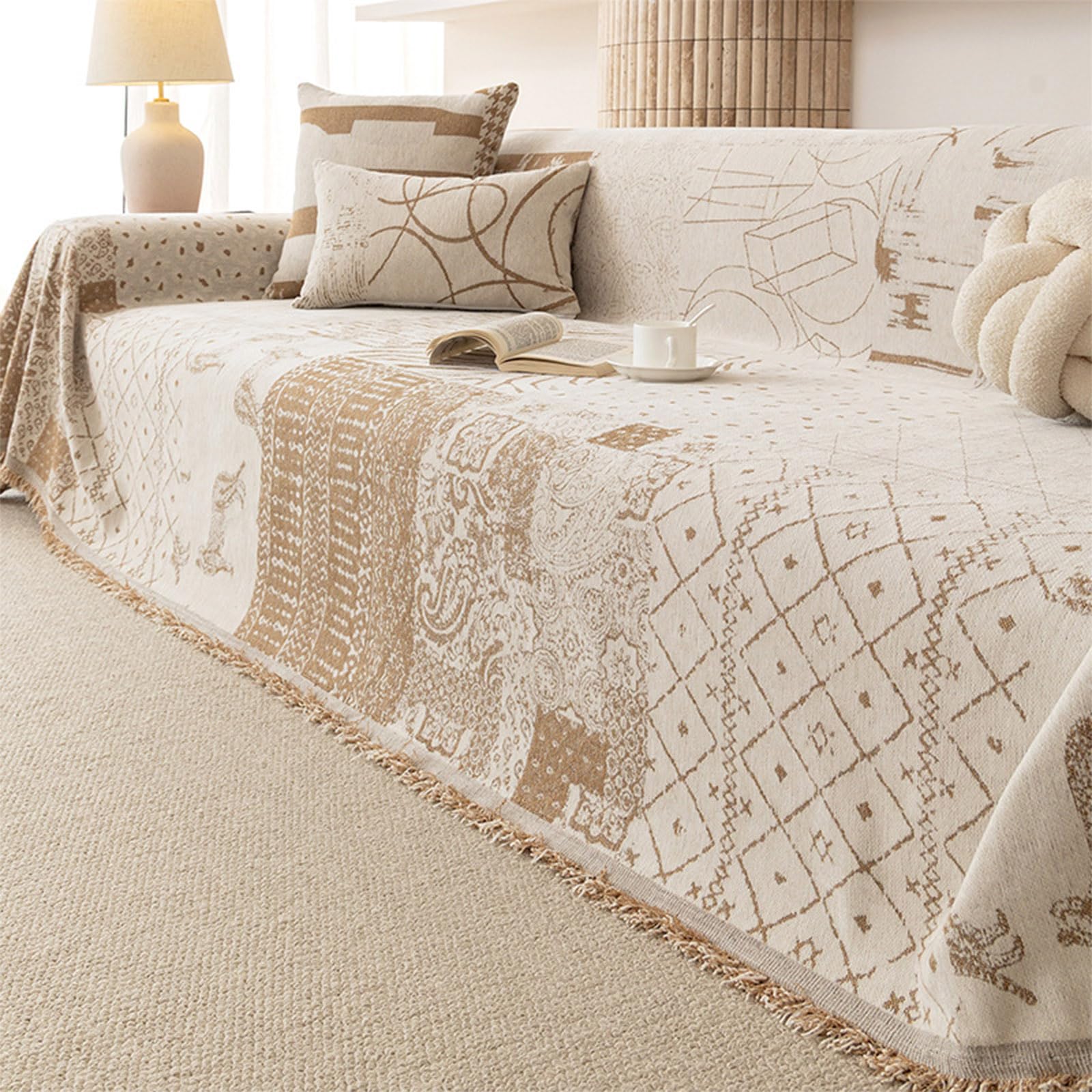 Housse de canapé d'angle et 3 places en chenille | Grand jeté kaki style bohème chic