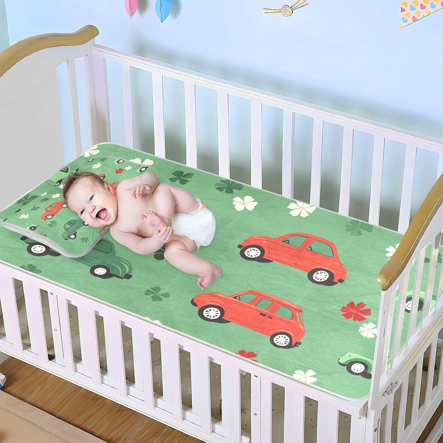 Green Clovers Red Cars Cooling Baby Mattress pad 28" x 52" Breathable Pads Washable Waterproof for Baby&Toddler