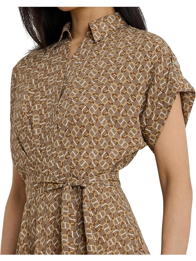 Taupe Lauren Ralph Lauren Petite Geo-Print Belted Crepe Dress