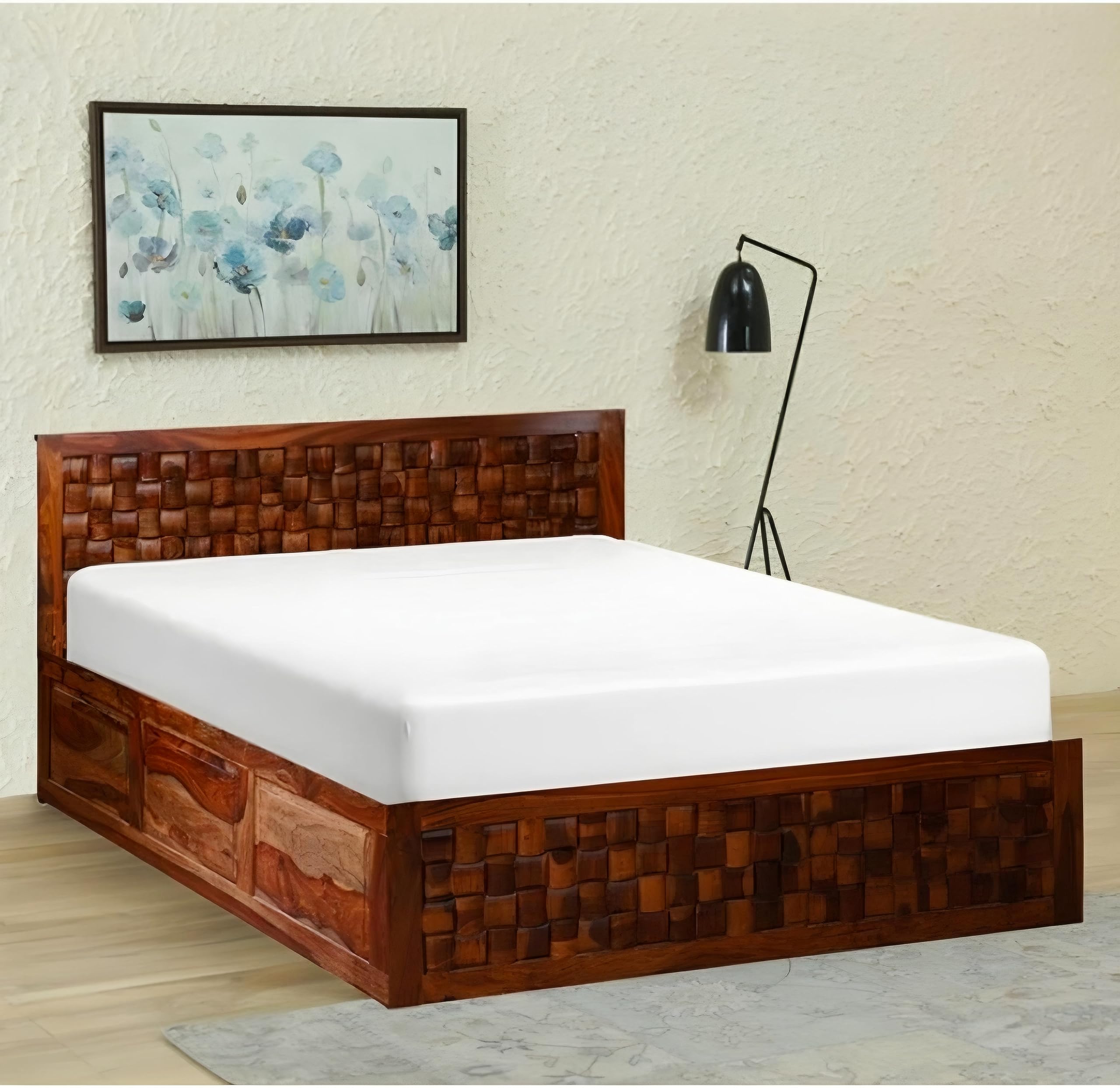 House wood decor Solid Sheesham Wood Queen Size Bed with Front Drawer Storage for Bedroom Living Room Wooden Double Bed Furniture for Home Hotel - (Teak Finish)