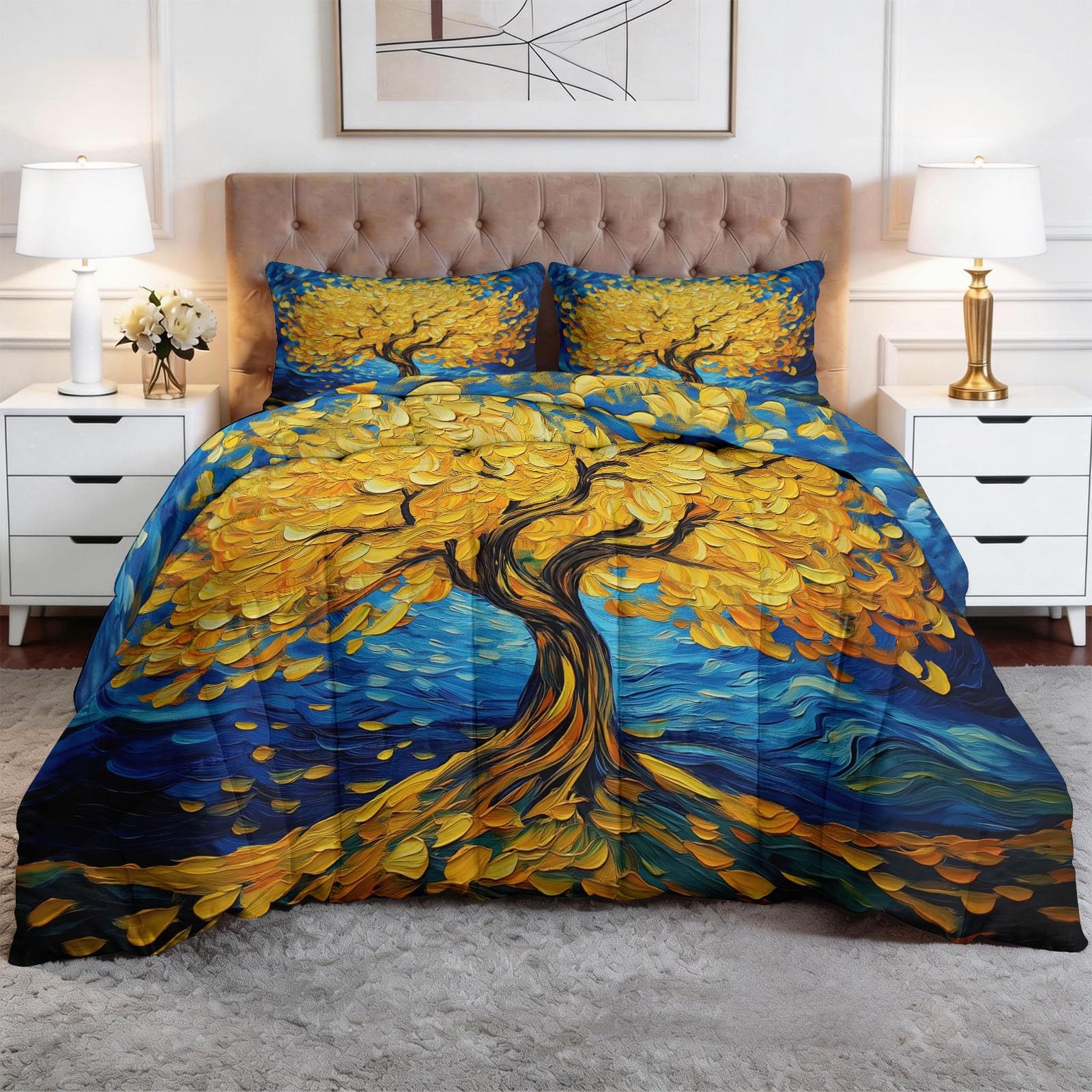 Edredón de pintura al óleo, árbol de la vida, hojas 240 x 260 cm, oro impresionista, edredón transpirable, multicolor, edredón transpirable, edredón y funda acolchada lavable