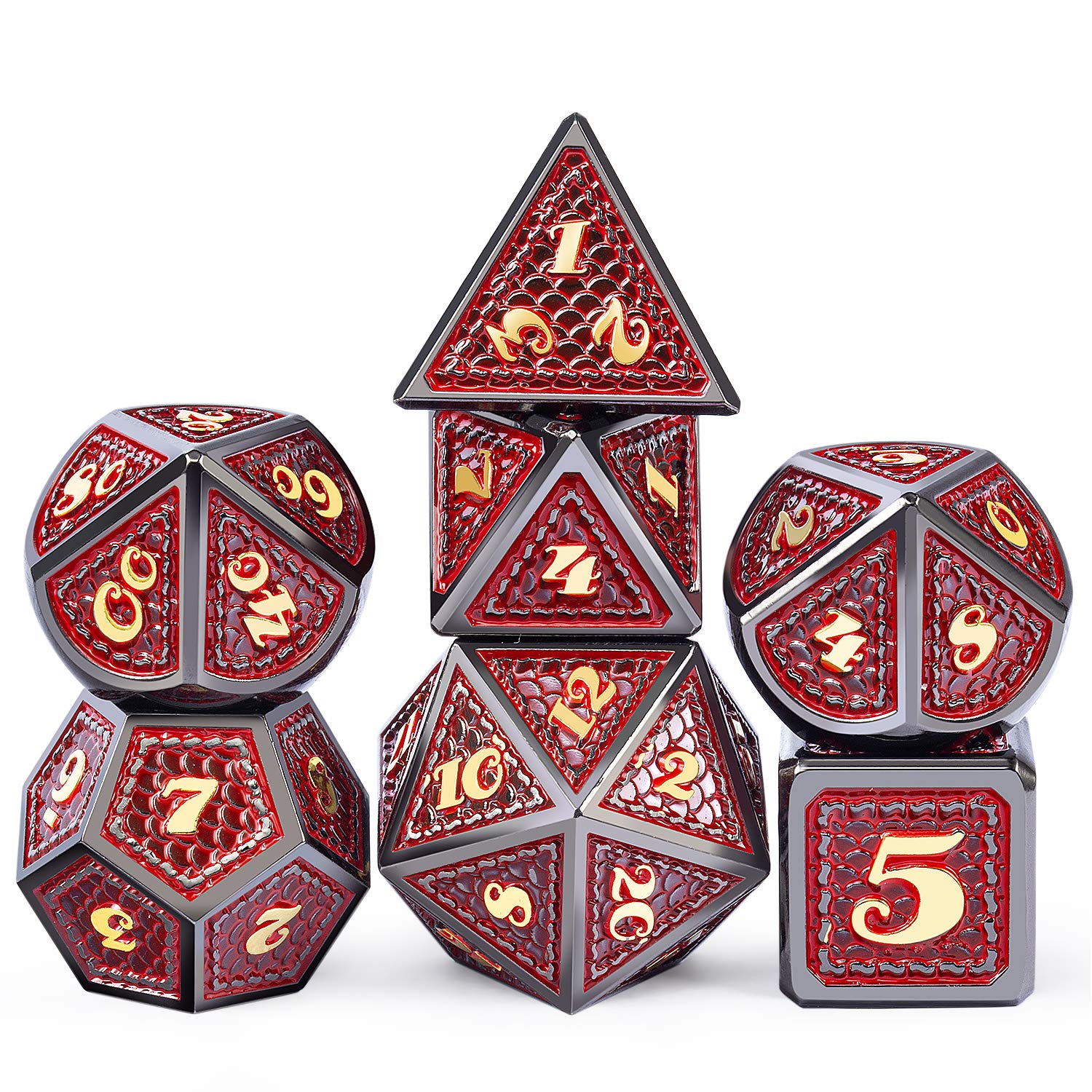 DNDND Metal Dungeons and Dragons Dice Set, 7 PCS Dragon Scale Metallic D&D Die with Gift Metal Tin for DND Game (Red with Black Edge)