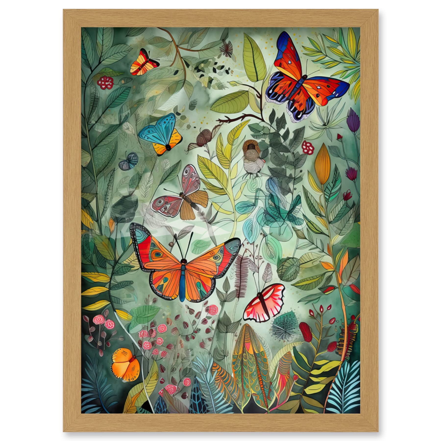 Artery8 Butterflies in a Spring Field Modern Folk Art Artwork Framed Wall Art Print A4