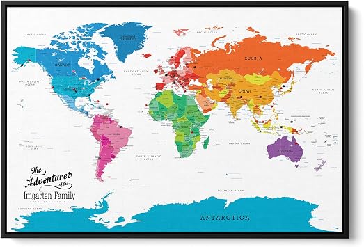 Push Pin Travel Maps Colorful World Canvas Personalized Adventure Map with Pins, Decorative Wall Art for Tracking Journeys Black Float Frame 34" x 51"