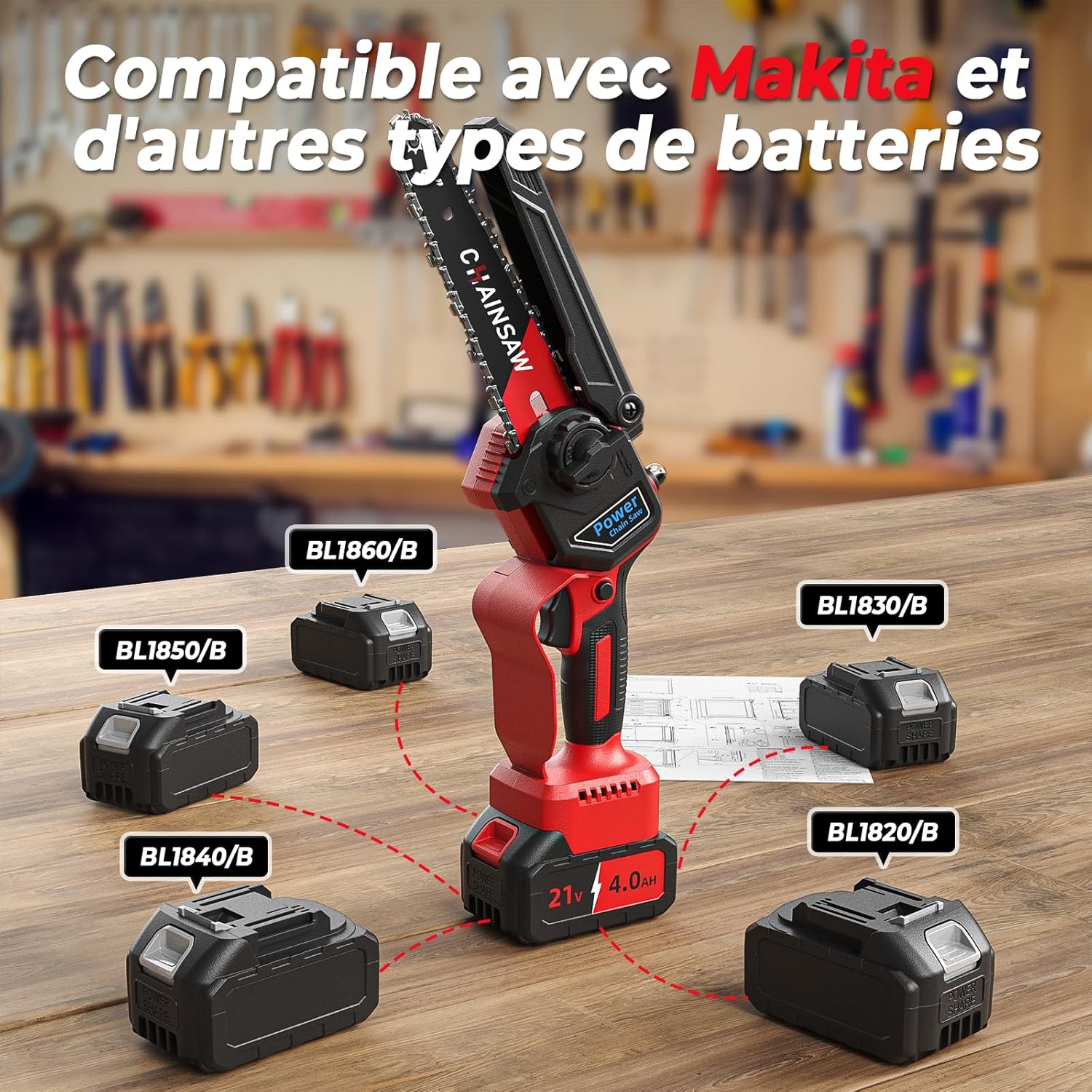 Test complet de la Mini Tronçonneuse à Batterie 6 et 8 Pouces 1300W Brushless, vue détaillée de l'outil sans fil, de ses deux guides, de la batterie 8000mAh compatible Makita 18V et du système d'huile automatique. — vue 4