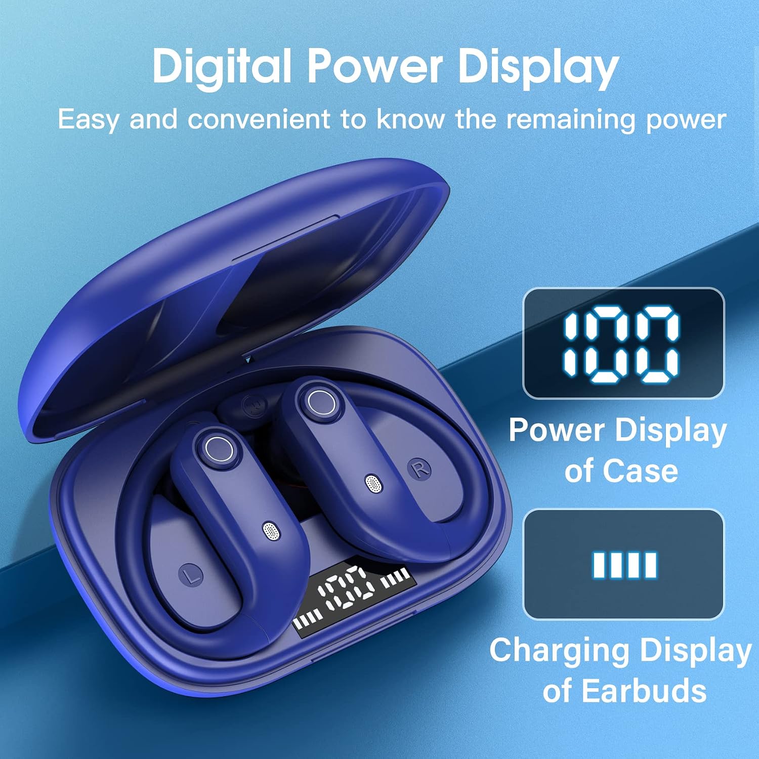 OKEEFE Bluetooth Headphones 48Hrs Playback Wireless Earbuds with Wireless Charging Case and Earhooks Over Ear Waterproof Earphones with Mic for Sports Running Workout iOS Android TV Phone Laptop Blue