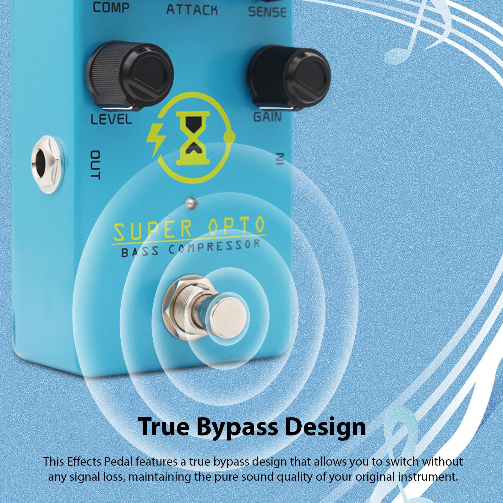 Luocute Pedale Compressore per Basso, Pedale Effetti di Compressione Ottica Analogica True Bypass per Basso Elettrico, Effetti Overdrive di Distorsione per Chitarra con Controlli