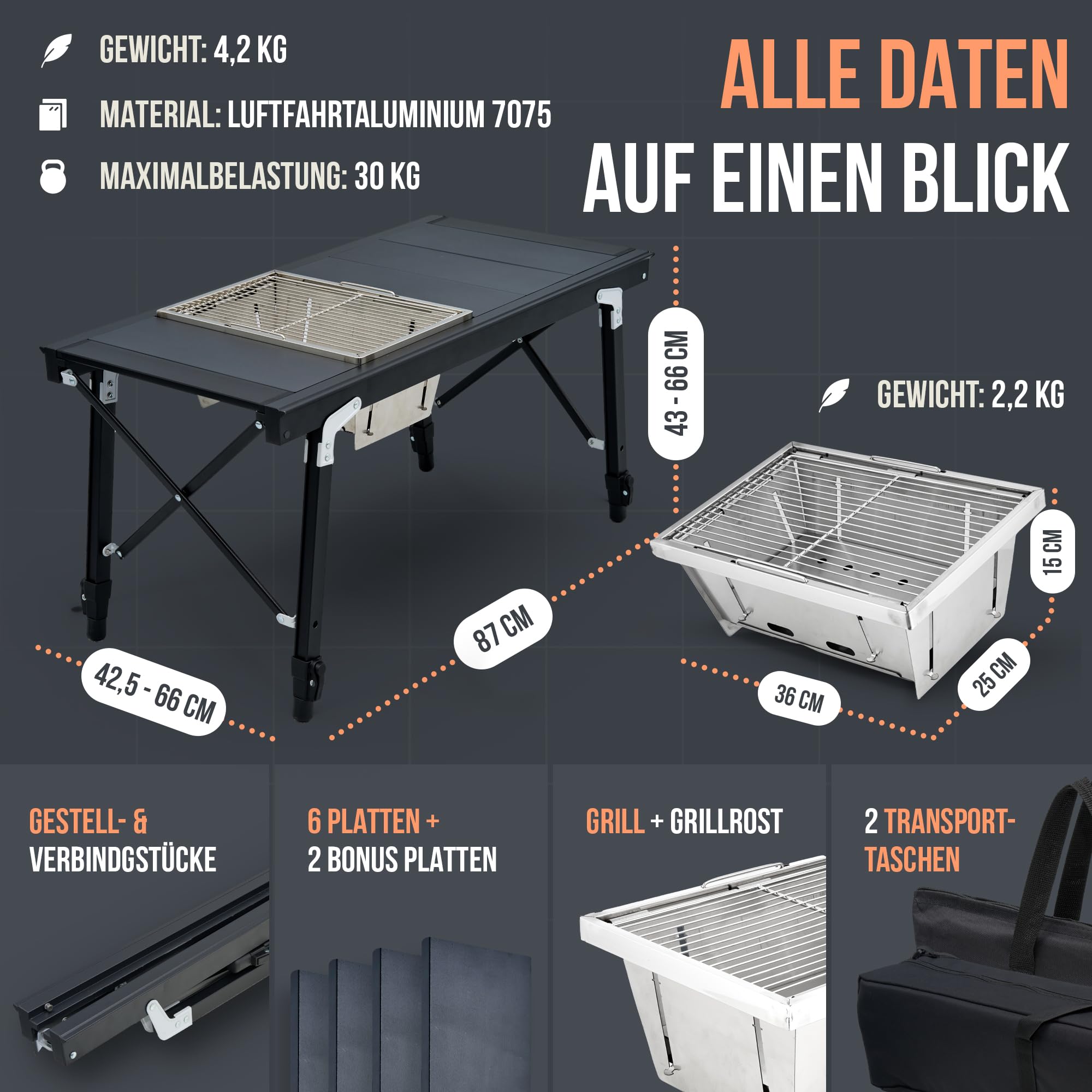Castra Premium Campingtisch mit integriertem Grill – Aluminium 7075, höhenverstellbar, Outdoor wetterfest, innovatives Faltsystem, Multifunktionstisch & Camping Zubehör für Garten, Reisen & Angeln