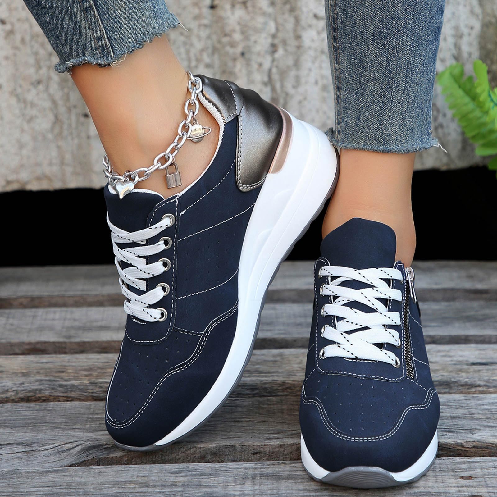 Zapatillas de correr para mujer, zapatos casuales con cordones, tacón de cuña, suela gruesa, zapatos de cordones a la moda, punta cerrada suave, zapatos deportivos transpirables