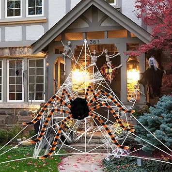 Giant Spider & Web Decorations, Orange | 212" Web, 59" Spider, Outdoor Halloween Yard Decor
