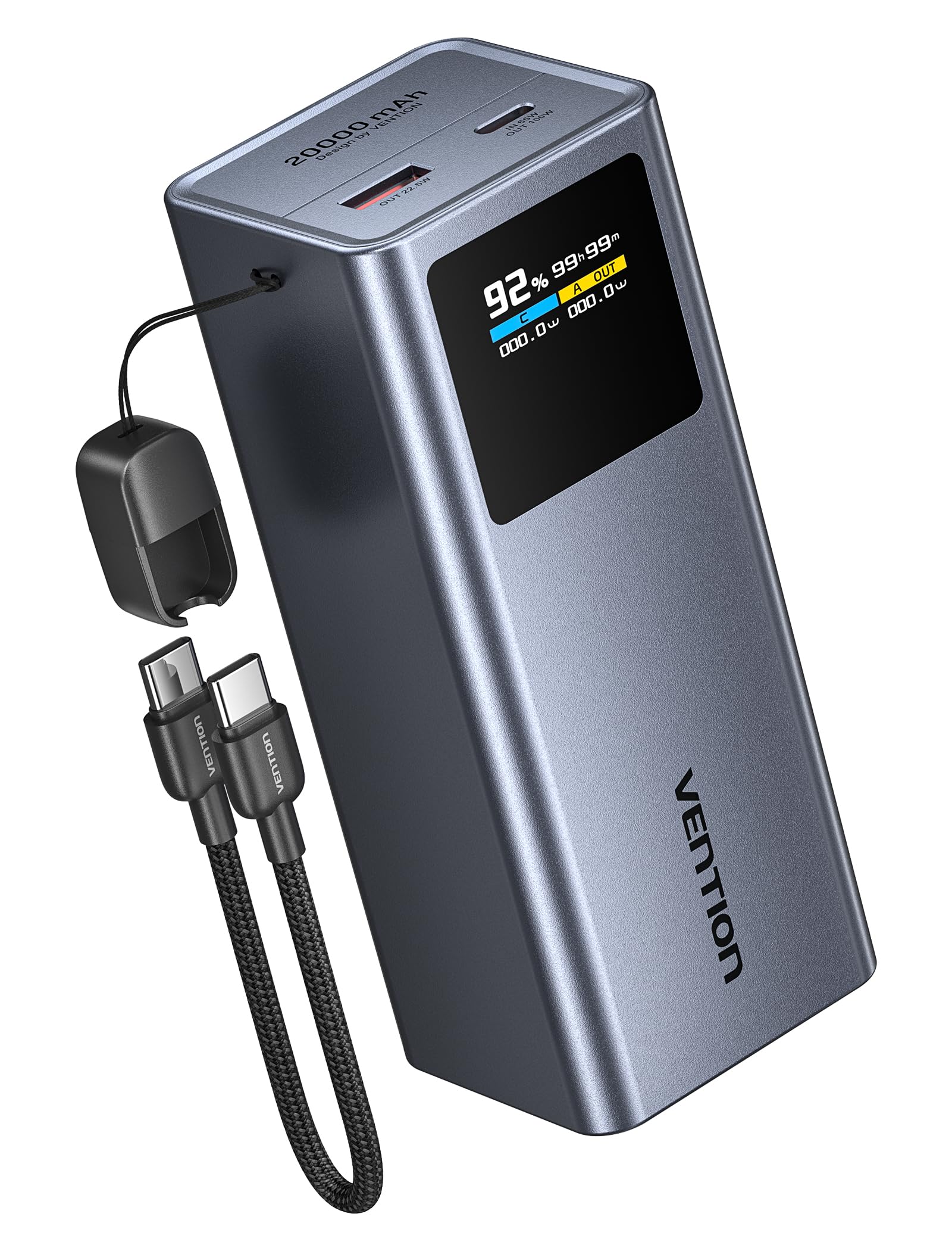 VENTION 20000mAh Power Bank, 100W Caricatore Portatile USB-C PD3.0 con Display Digitale, Cavo USB-C Integrato, Compatibile con MacBook Pro/Dell/HP, iPhone 17/16/15/14/13, iPad Pro, Galaxy S25