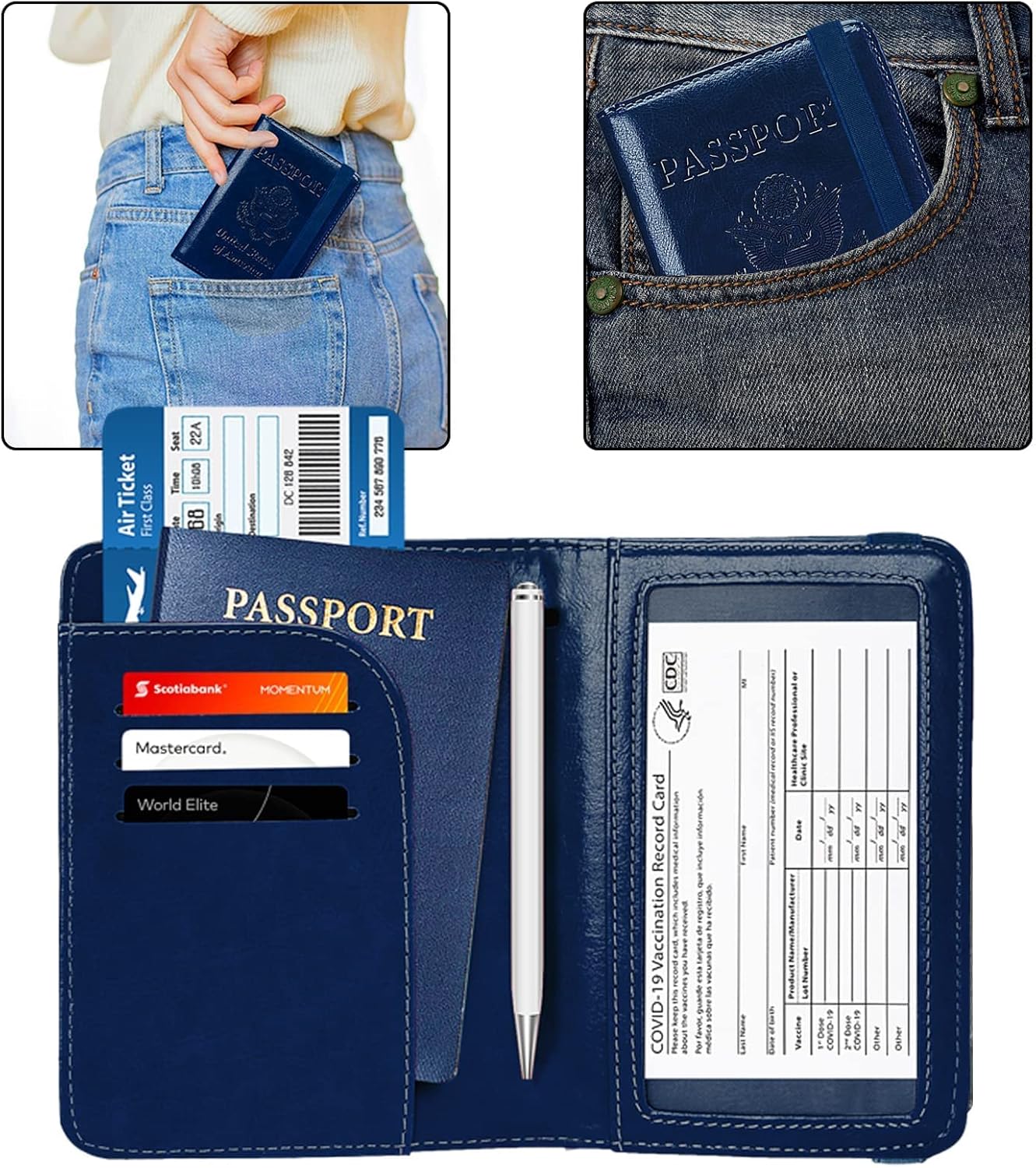  | Zoppen Passport and Vaccine Card Holder Combo, Passport Holder Cover Case with Vaccine Card Slot Fits 4.3 X 3.5 inches Vaccine Card, Travel Essentials Document Organizer Protector Rfid Blocking Travel Wallet for Women and Men Navy Blue | Passport Covers