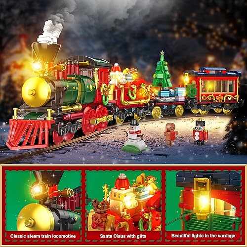 Miniatura 4 de Bloques de construcción de tren navideño para niños, tren de Navidad 2024, bloque de construcción coleccionable para decoración del hogar con luz,