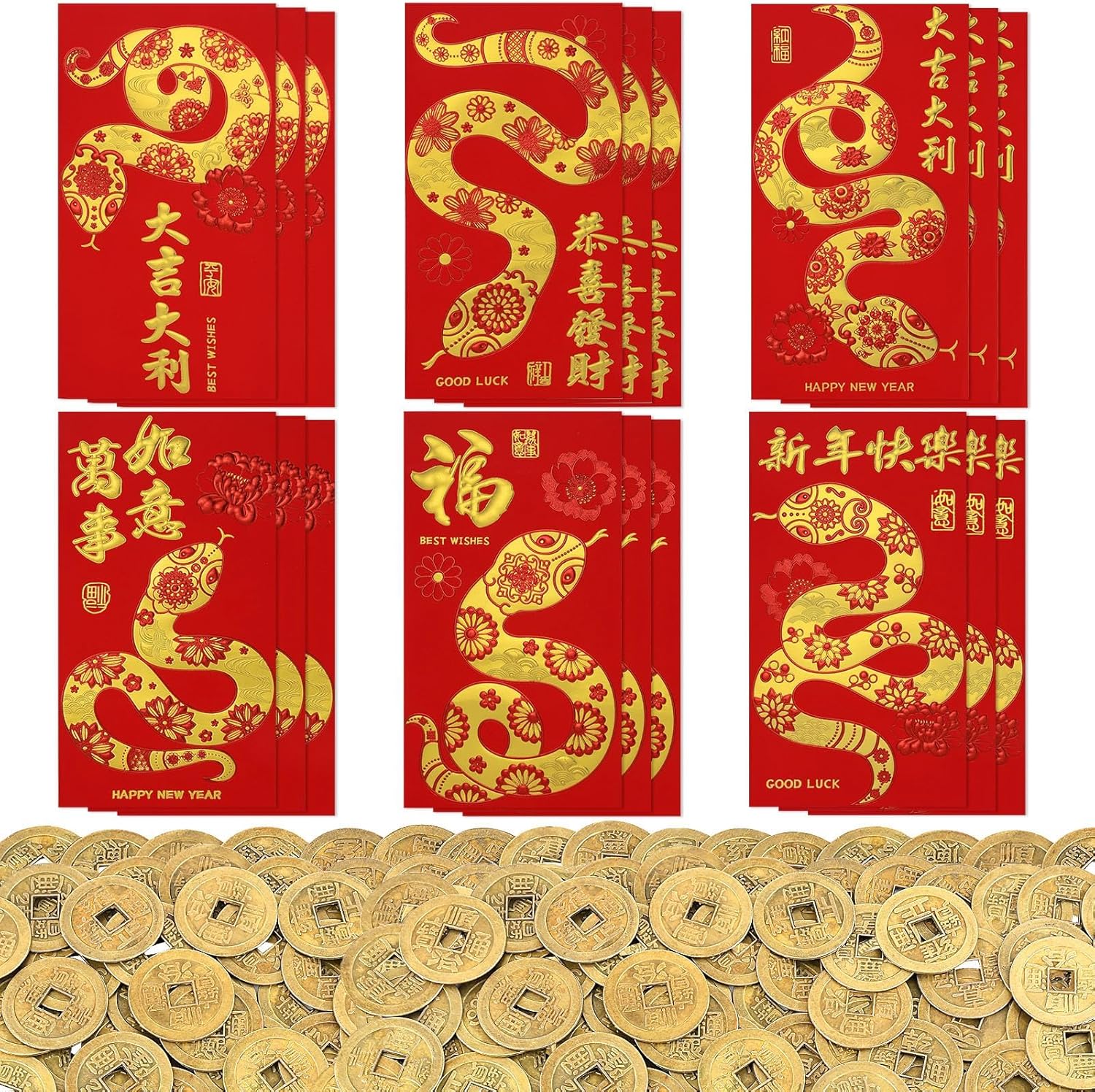 Chinese Lunar New Year Red Envelopes Coin Set, 72 Pcs Large Red Envelope Packet 144 Pcs Feng Shui Coins 2025 Chinese Lunar Year of the Snake Lai See Hong Bao for Spring Festival 3.5 x 6.7 In