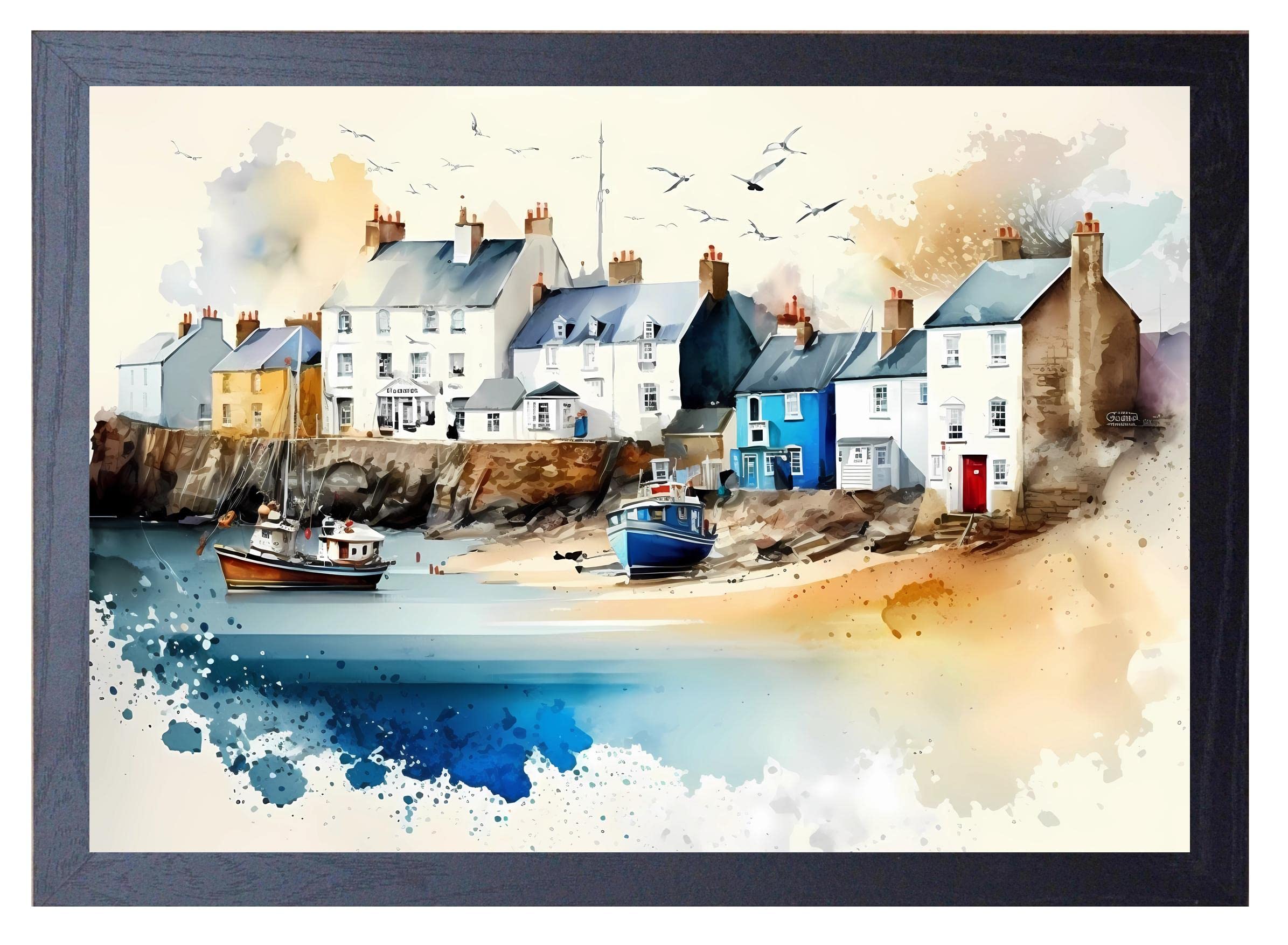 Beauitiful vivid fine art print of a Seaside Fishing Harbour painting (picture 2) Print size 29.7cm x 21cm