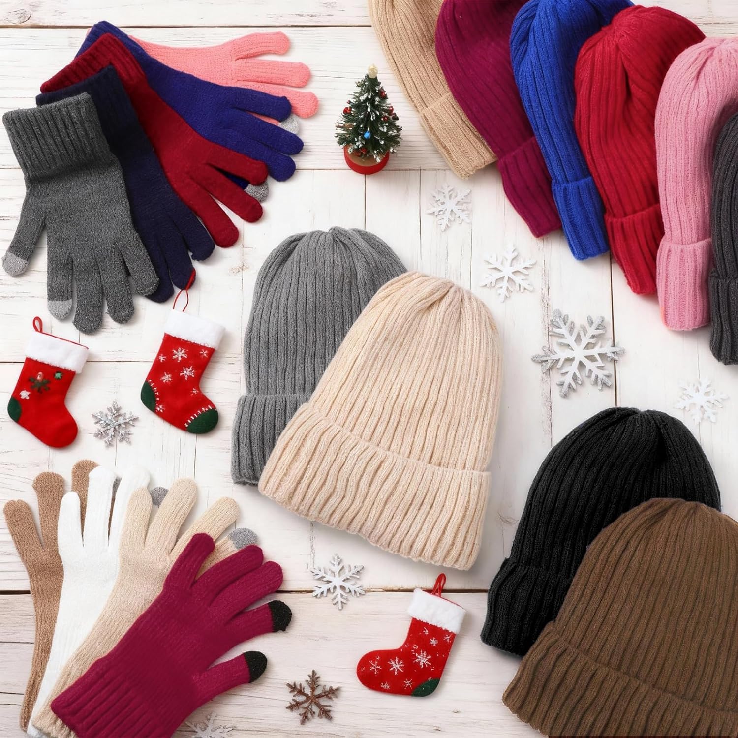 Suhine 24 Pcs/12 Set Winter Beanie Hat Gloves Set for Women Touchscreen Gloves Knitted Hats Fleece Plush Lined Warm Mittens for Women Cold Weather - Image 5