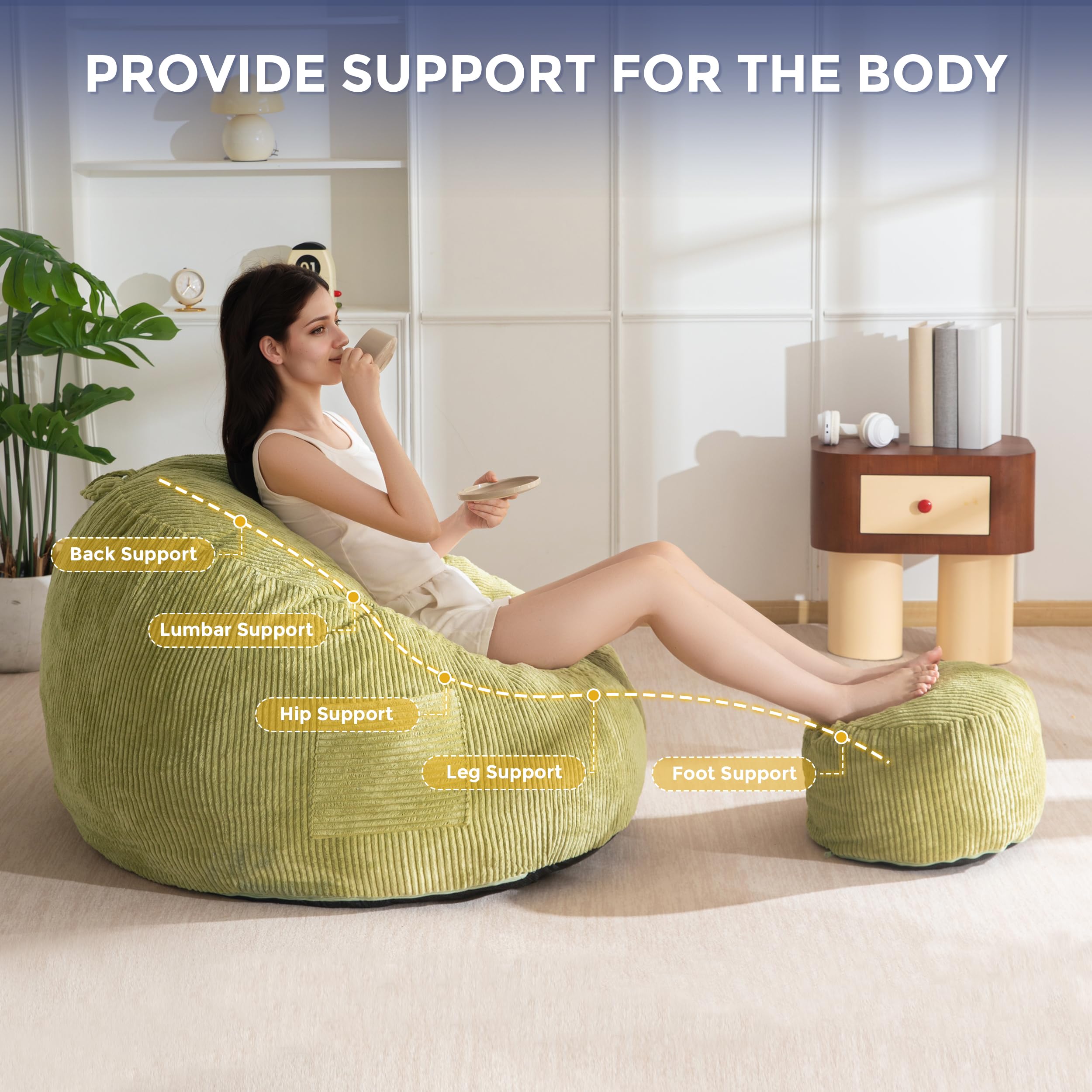 MAXYOYO Fauteuil Poire en Corde avec Repose-Pieds pour Adultes et Enfants, Canapé-Pouf et Pouf avec Rembourrage en Mousse, Fauteuil de Salon avec Poignée pour Salon, Chambre, Jeux, Lecture, Détente