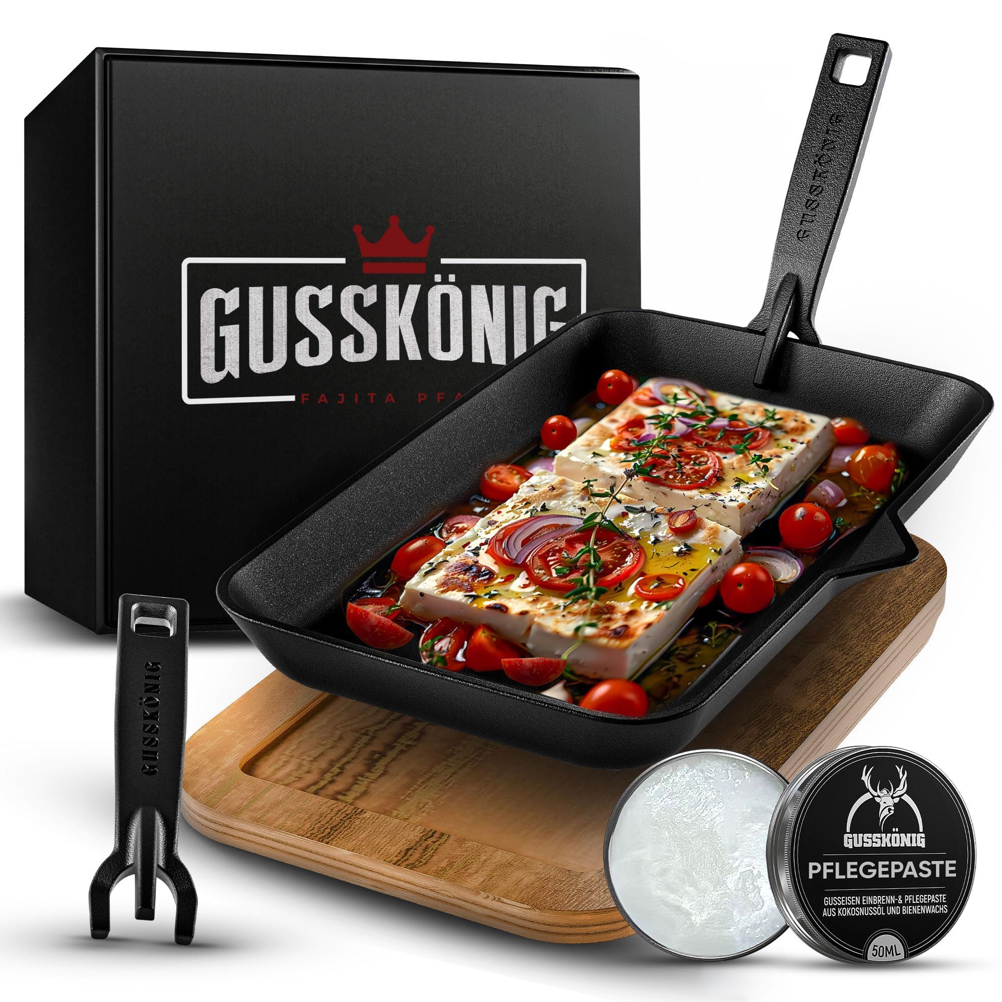 GUSSKÖNIG Fajita-Pfanne aus Gusseisen inkl. Soßenschale & Servierbrett aus Akazienholz - Gusseisen Grillpfanne mit abnhembaren Griff & Pflegepaste - eingebrannter Grillpfanne - 30 Jahre Garantie