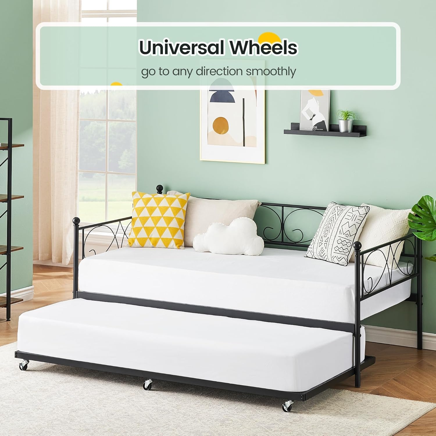 GAOMON Twin Day Bed with Trundle, Metal Daybed with Pull Out Trundle Bed Frame, Steel Slat Support Sofa Bed for Kids Teens Adults, No Box Spring Needed, Modern, Black