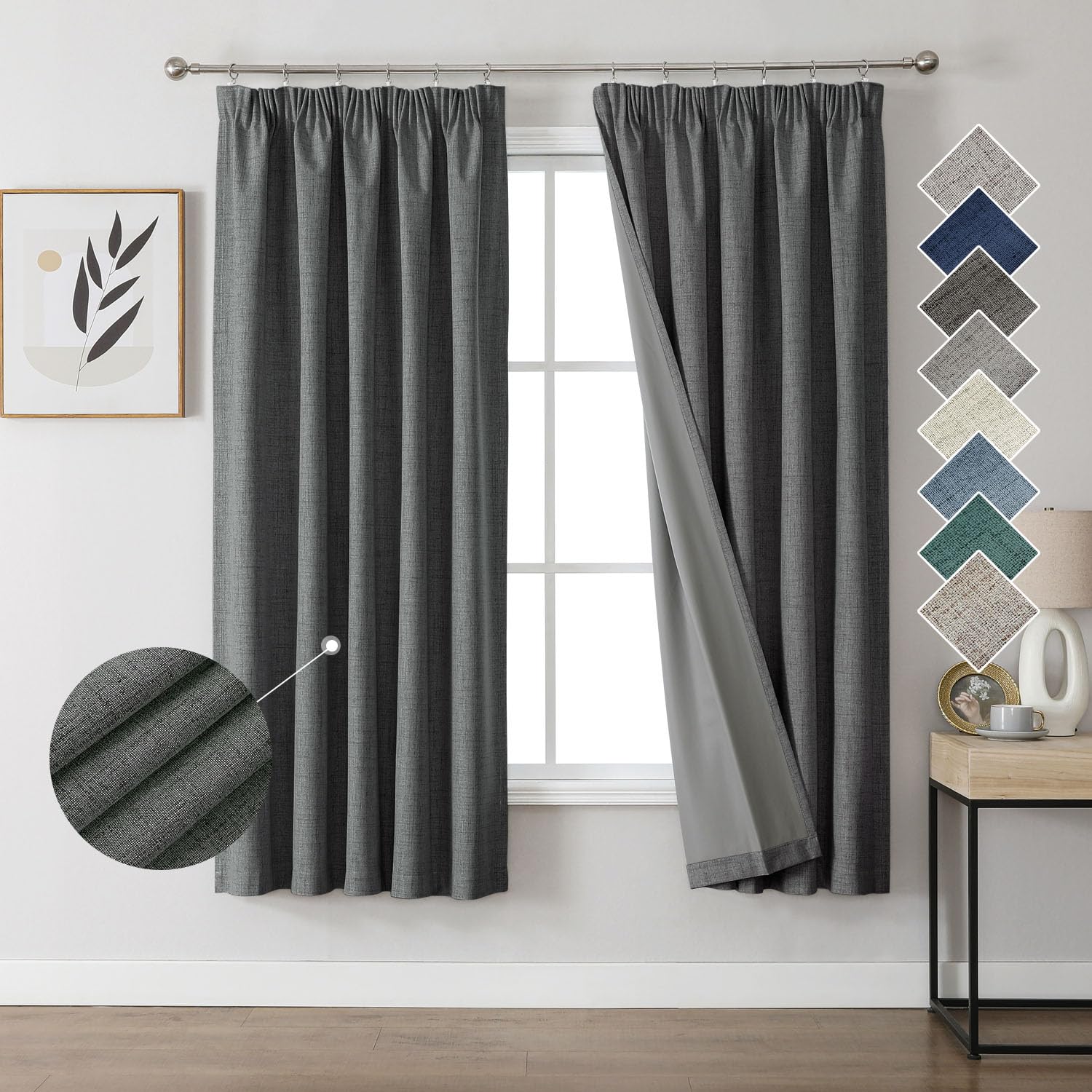 Joydeco 100% Verdunkelungsvorhänge Leinen Gardinen mit Kräuselband 2er Set H175xB140cm Grau, Thermovorhang Kälteschutz Blickdicht Schallschutz Ideal für Wohnzimmer passt zu Schienensystemen