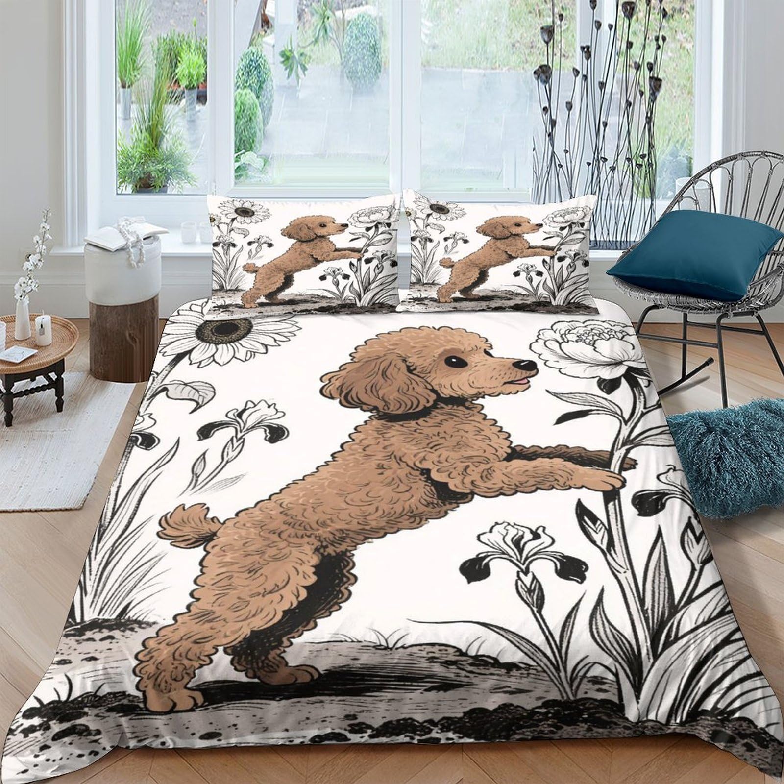 Ctjqhvkz Style-3 3D Printed Brown Poodle Fitted Sheet Microfiber Soft Animal Flower Bed Cover Non Slip Machine Washable Bedroom Decor Single（135X200cm）