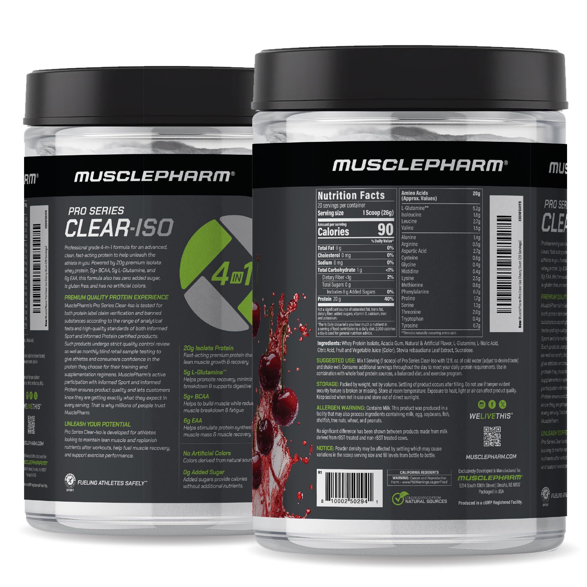 MusclePharm Pro Series Clear-ISO, Clear Protein Powder, 20g Fast-Acting Whey Isolate per Serving Plus BCAAs & L Glutamine | Pro-Grade Muscle Recovery & Growth | Cherry Slush, 1.14 lb, 20 Servings