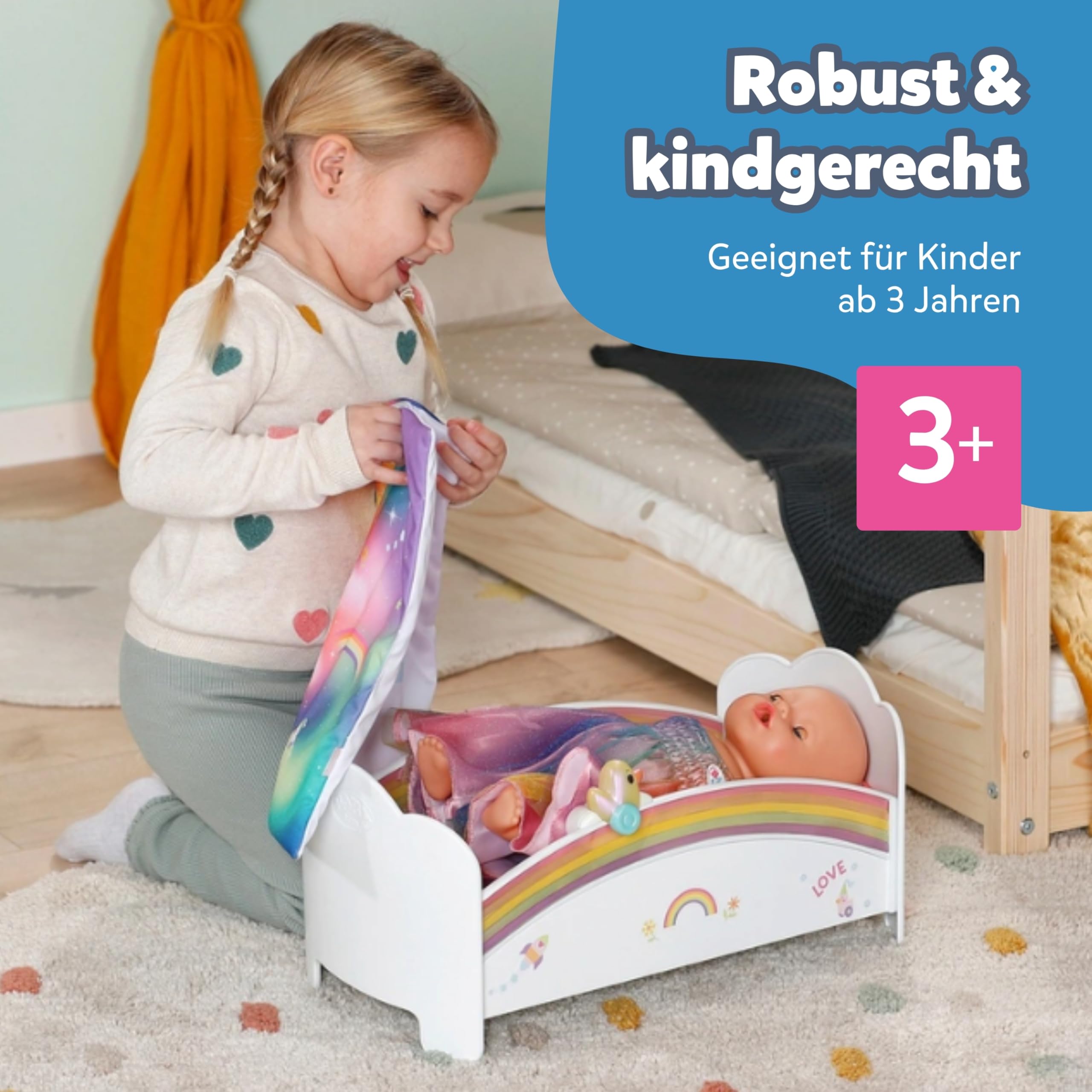 BABY born Regenbogenbett - Puppenbett mit Regenbogenlicht & beruhigender Einschlafmelodie - Hochwertiges Puppen Zubehör inkl. Wendebettwäsche & Stickern - Geeignet für Kinder ab 3 Jahren