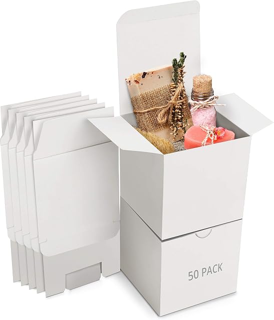 Belle Vous White Kraft Gift Boxes (50 Pack) - Box Measures 7.5 x 7.5 x 7.5cm (3 x 3 x 3 inches) - Easy Assemble Square Presentation Favour Present Box - Parties, Birthdays, Weddings, Holidays