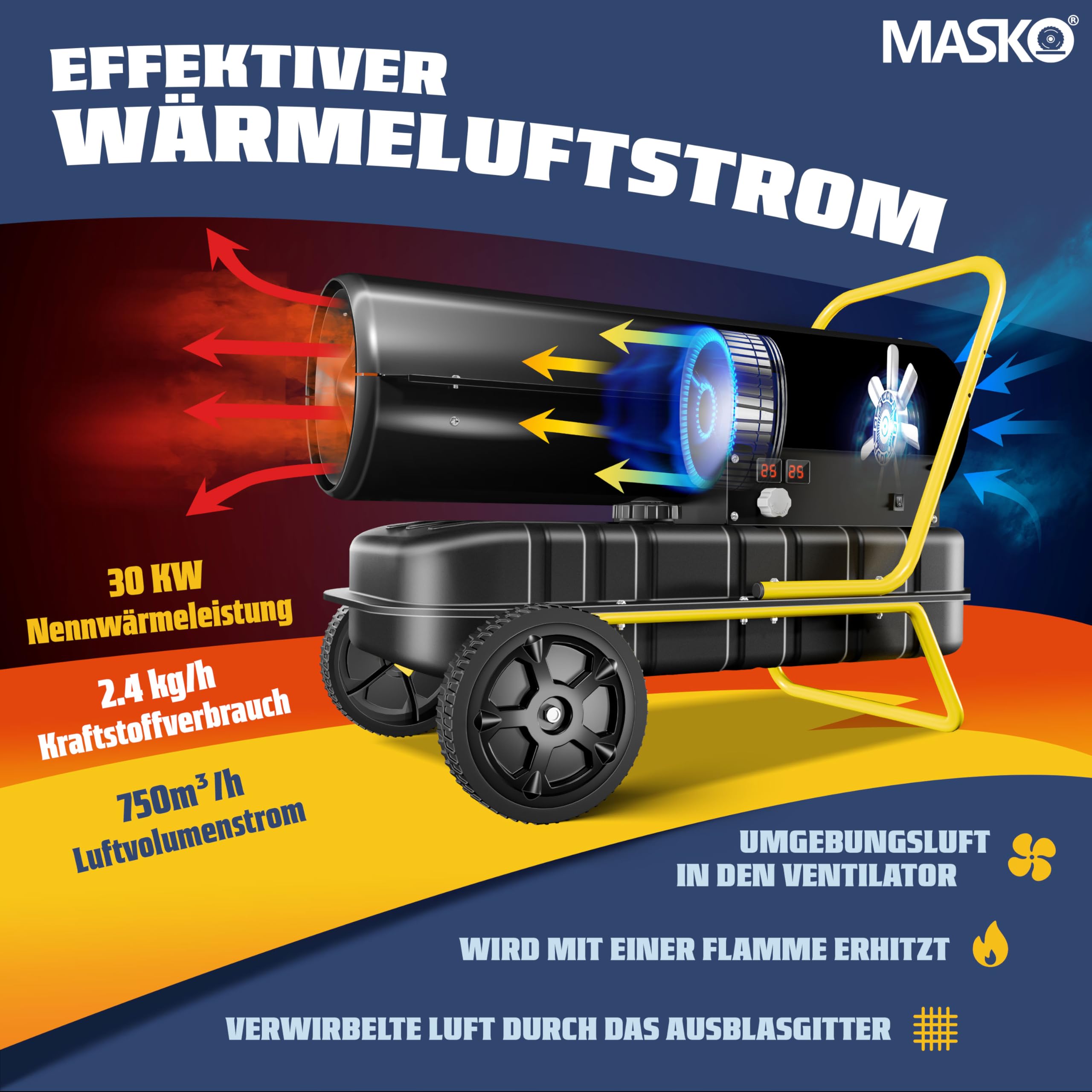 Masko® Cañón de calefacción 30 kW, secador de construcción, Calentador de Aire Caliente, Calentador de Ventilador, Tanque de 34 l con termostato, Calentador de Aceite, Amarillo/Negro