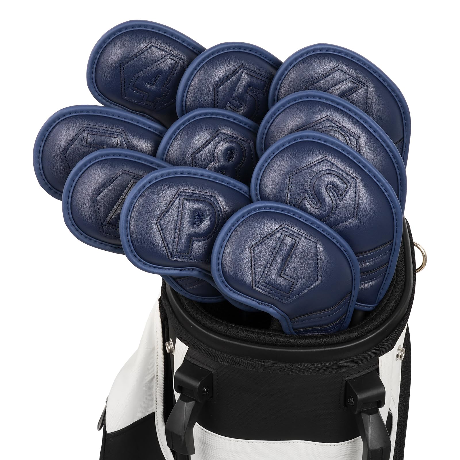 Magnetic Golf Iron Covers Set 10 Pcs Golf Iron Headcovers PU Leather Easy Off/On Protective Cover, Black/White