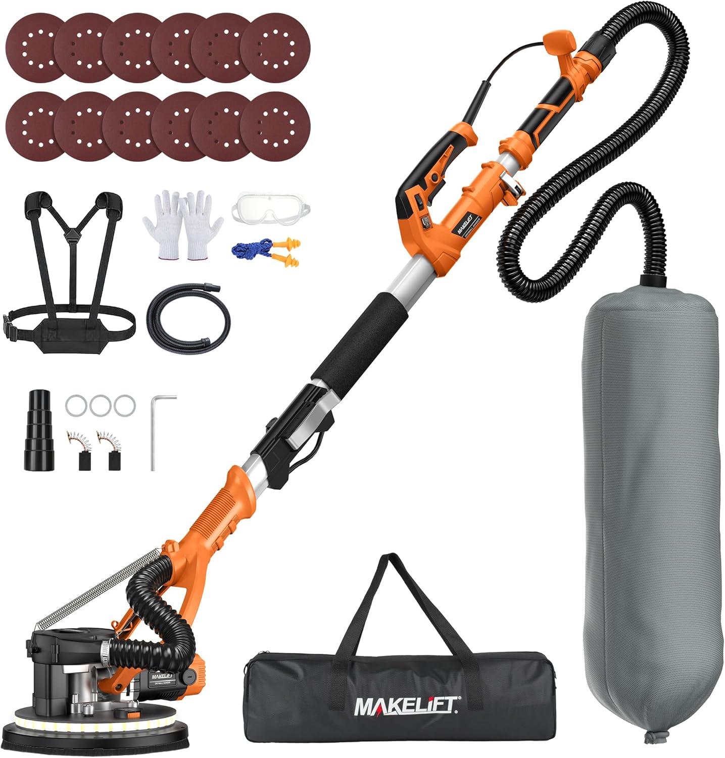 Drywall Sander with Vacuum Dust Collector,1050W 7.33A Popcorn Ceiling Removal Tool,LED Light,5 Variable Speed 1000-2100RPM,Foldable & Extendable Handle,12 Sanding Discs Orange-black