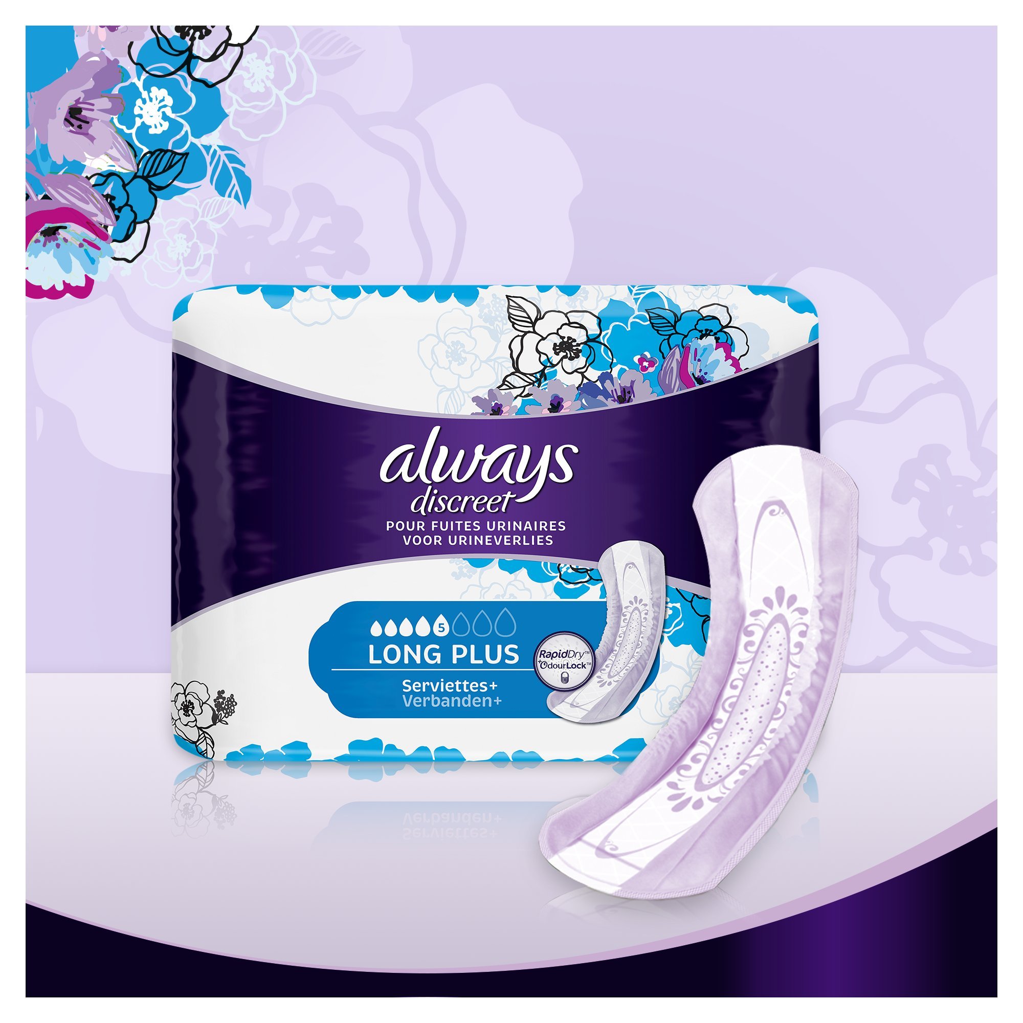 Always Discreet. Compresas largas plus para adultos (incontinencia urinaria), Pack de 2 x 8 unidades