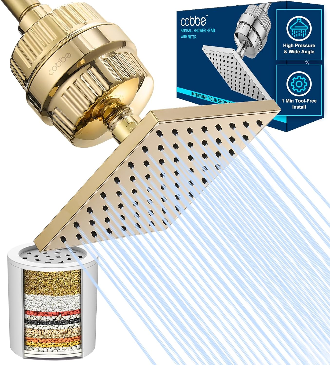 Cobbe high pressure filtered shower head combo, gold