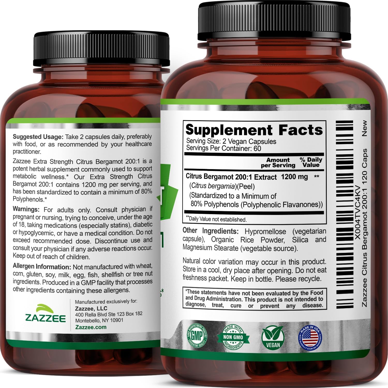 Zazzee Extra Strength Citrus Bergamot 200:1 Extract 1200 mg, 80% Polyphenols, 120 Vegan Capsules, Standardized 200X Potency, Heart and Immune System Support, Non-GMO, All-Natural, Made in The USA - Image 8