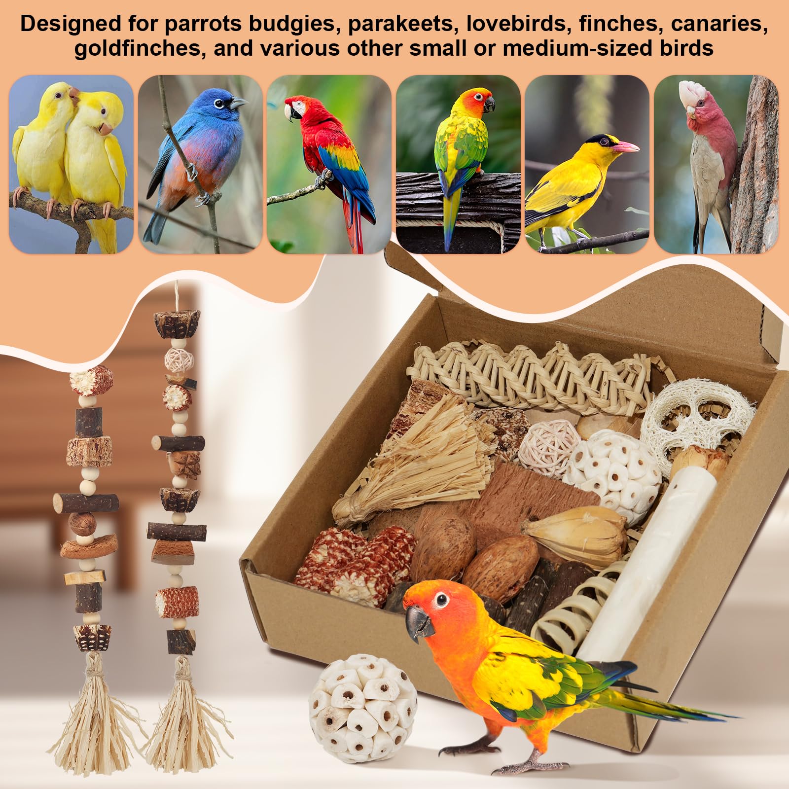 Juguetes para pájaros, caja de forraje natural para loros, juguetes para periquitos, cuerda colgante para cacatúas, conures, pájaros amorosos y otros accesorios de jaula de pájaros pequeños a