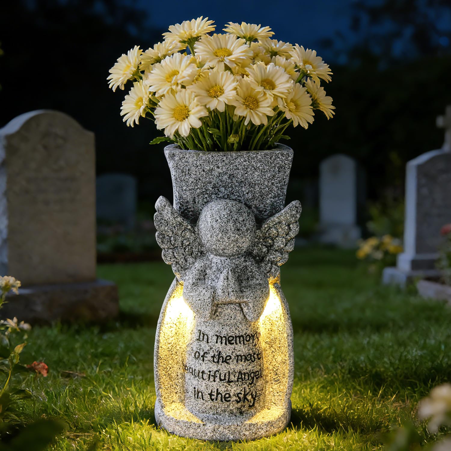 Solar Angel Grave Vase Memorial Cemetery Flower Vase for Graveside, Outdoor Weatherproof Resin Grave Ornaments, Sympathy Funeral Gift Tributes for Cemetery & Garden Memory Sign for Loss of Loved One