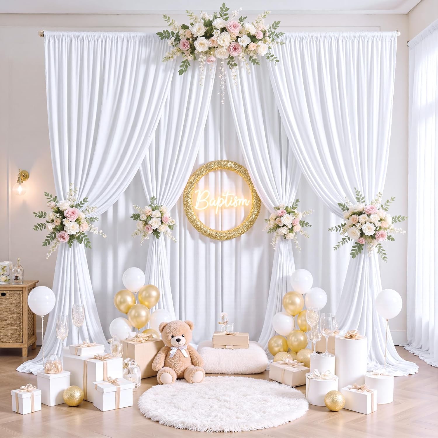 20x10FT White Backdrop Curtains for Parties - 4 Panels 5x10FT Polyester Backdrop Drapes for Birthday, Wedding, Decorations & Graduation Background