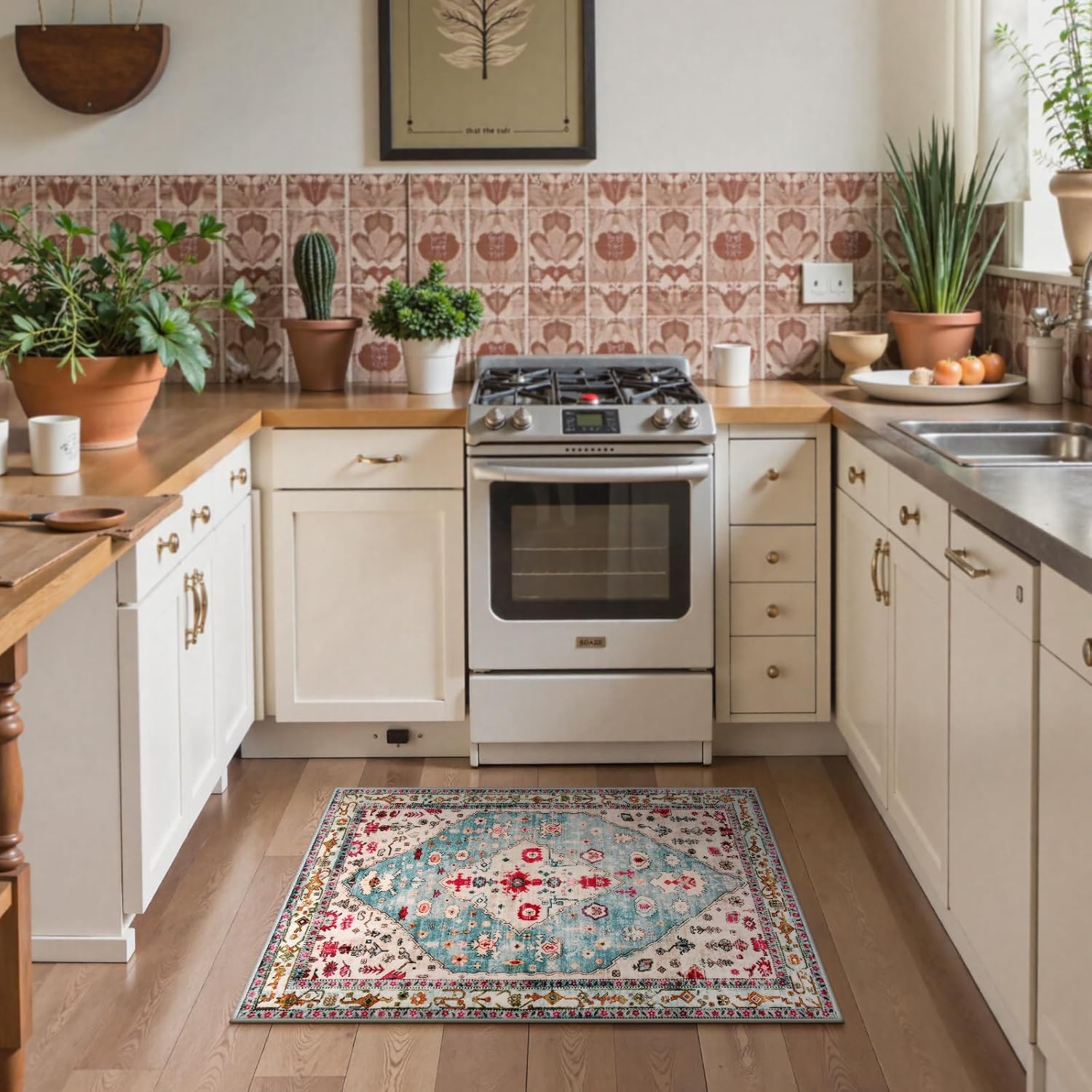 Lahome Felice Boho Tribal Area Rug - 2x3 Small Aqua Bath Rugs Kitchen Throw Mat, Soft Washable Non Slip Non Shedding Bohemian Bathroom Bedroom Carpet for Front Door Living Room Stove Chair