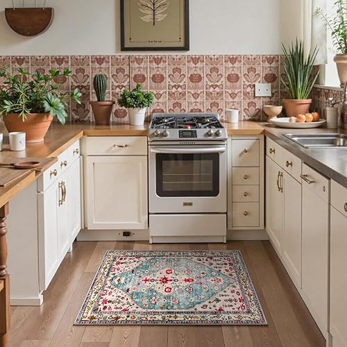 Miniatura 2 de Lahome Alfombra tribal bohemia de 2 x 3 pulgadas, alfombra de baño pequeña color aguamarina, alfombra de cocina, suave, lavable, antideslizante, no