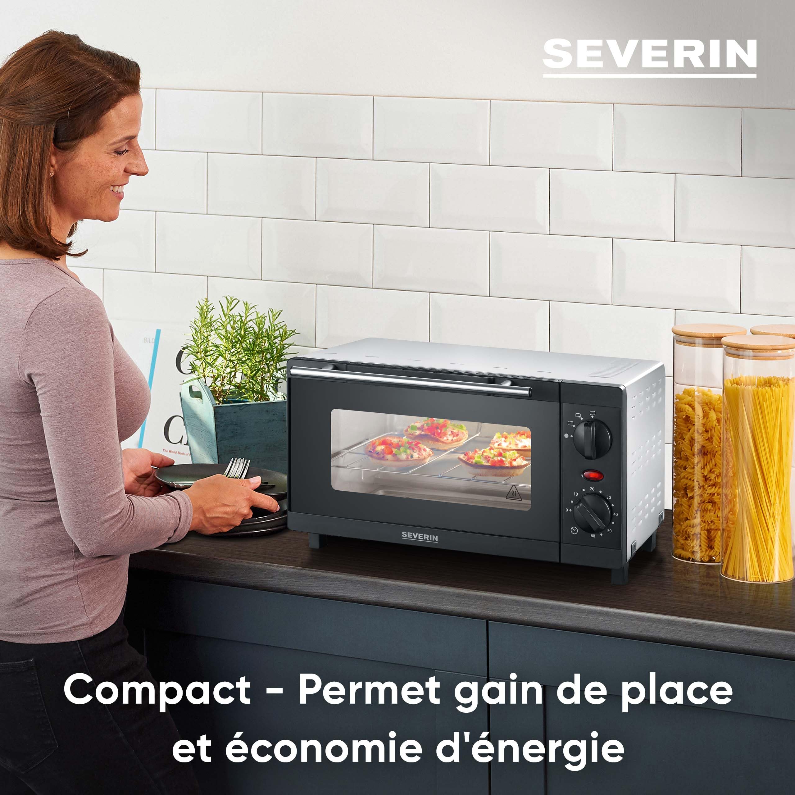 SEVERIN Mini-Four 9 L avec grille et plaque de cuisson incluses, Four posable 800 W design simple et élégant, Mini-four électrique avec minuteur 60 min, Noir/Inox, TO 2052