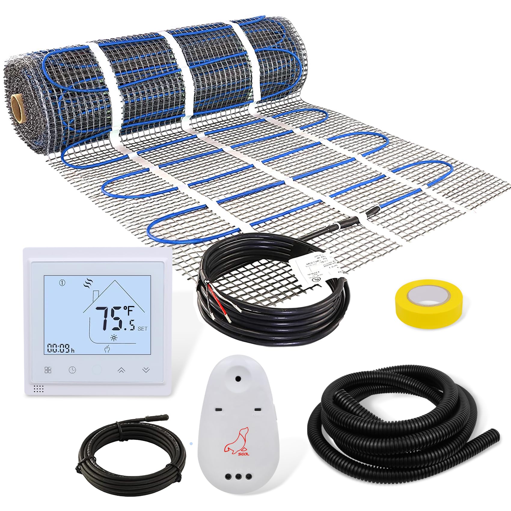 10 Sq ft Floor Heat Mat Kit, 120 V Electric Radiant Floor Heating System for Under Stone, Upgraded Thermostat with Temperature Readout Switchable to Fahrenheit.
