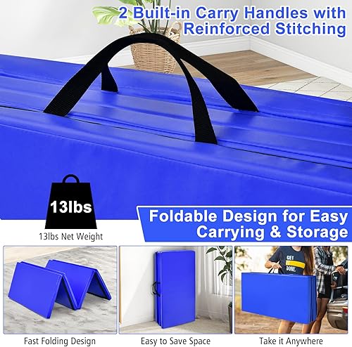 Miniatura 4 de Goplus 8' x 4' Folding Gymnastics Mat, 2 Thick 4 Fold Exercise Tumbling Mat with Carrying Handles for Home Gym Fitness, Portable Anti Tear Panel Mat