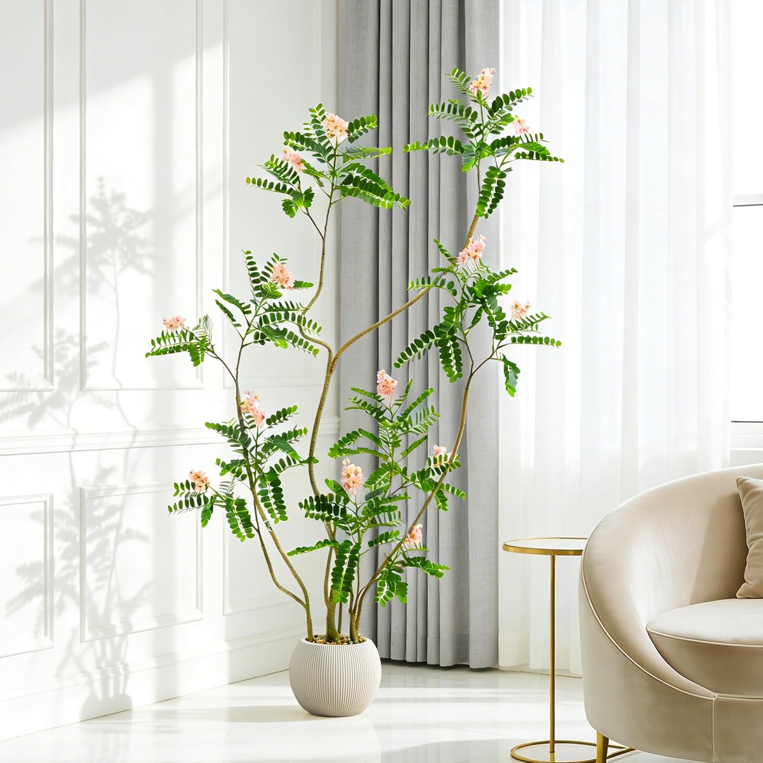 Artificial Locust Tree:6FT Faux Black Locust Floor Plant with Pink Flowers Small Round Silk Leaves & Elegant Branches in Beige Ribbed Planter for Indoor Home Office Decor Hotel Patio Studio - Image 7