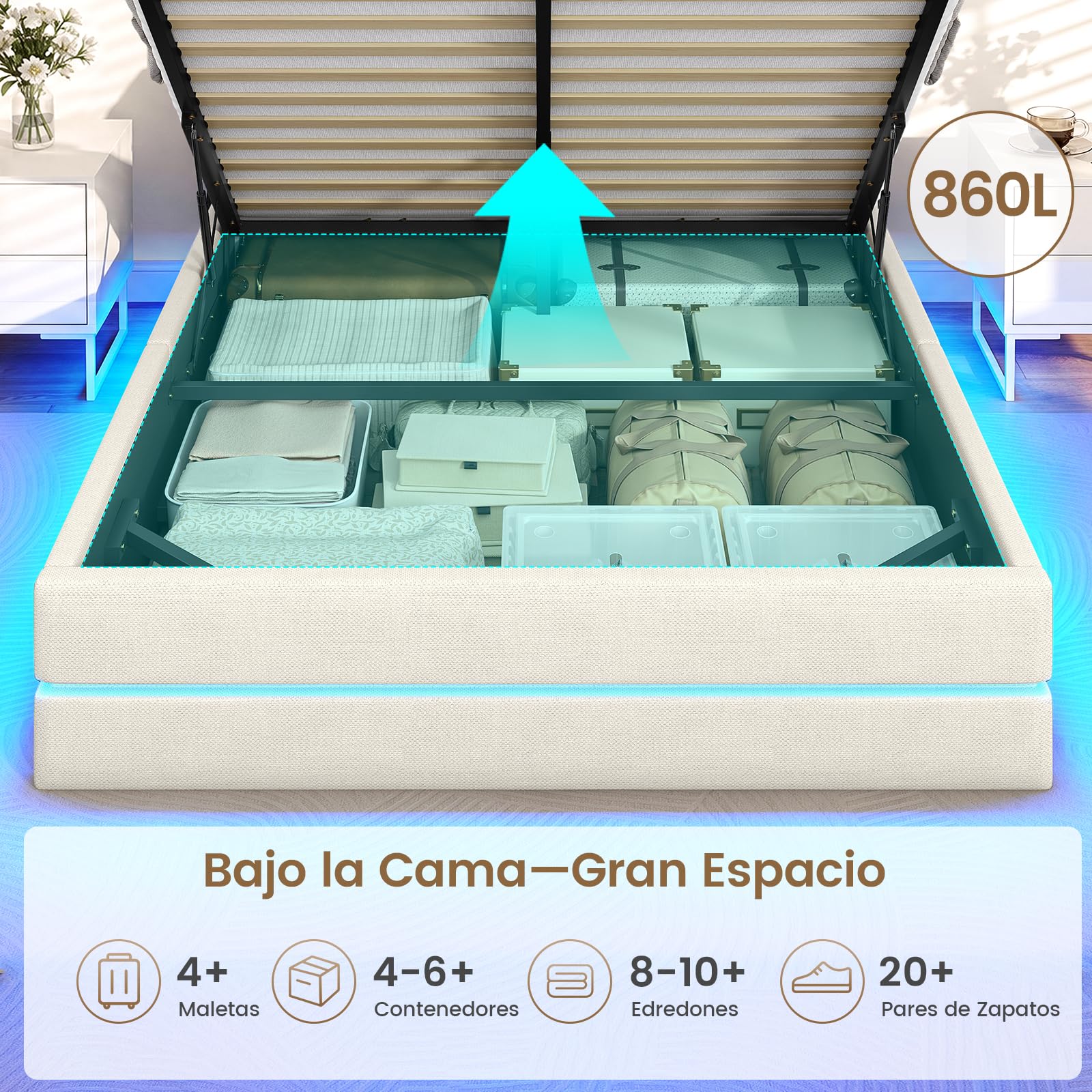 AOGLLATI Cama Matrimonial 140x190 cm con Almacenamiento Hidráulico, Lino | Marco de Cama con 270° Luces LED, Somier Estructura de Cama con Estación de Carga Cama Canape con Cabecero Beige