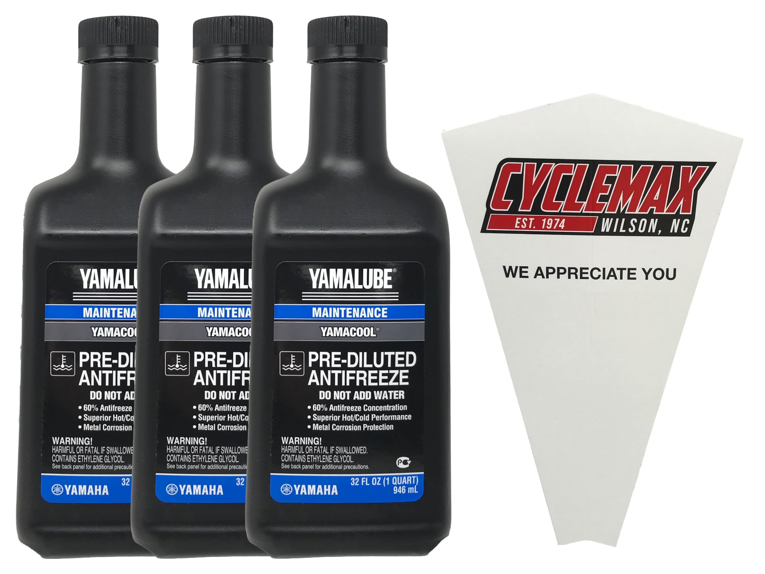 CYCLEMAX Three Pack Compatible with Yamaha Yamalube Pre-Diluted Anti-Freeze ACC-YAMAC-BL-32 Contains Three Quarts and a Funnel