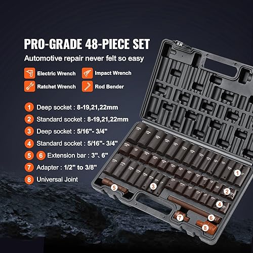 Miniatura 3 de VEVOR Juego de llaves de impacto de 38 pulgadas, 48 piezas SAE estándar (516 a 34 pulgadas) y métrico (8 a 0.866 in), profundo y poco profundo, 6