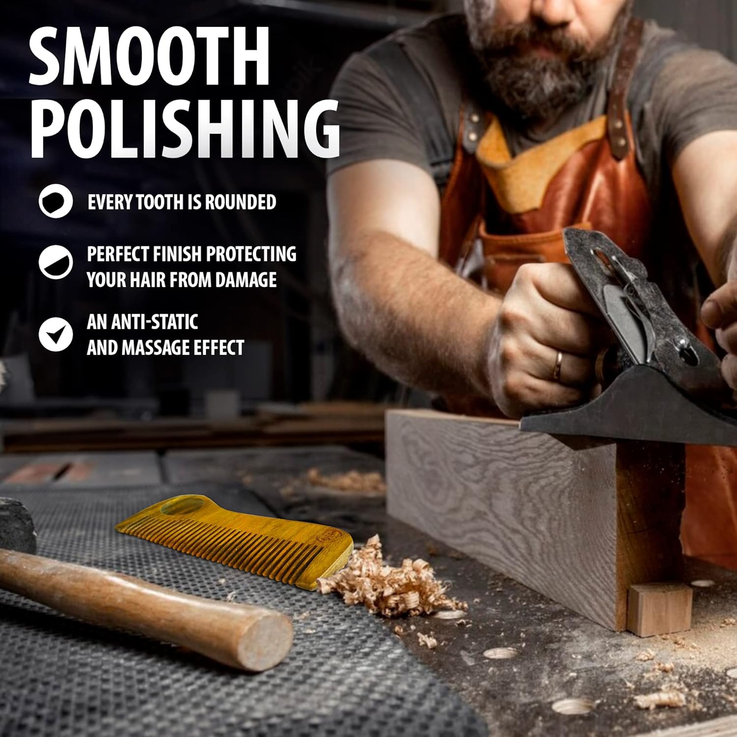 木製ヘアコーム 男性用 プレミアム品質 帯電防止サンダルウッドとエコレザーポケット 小さなギフトクラフトボックス