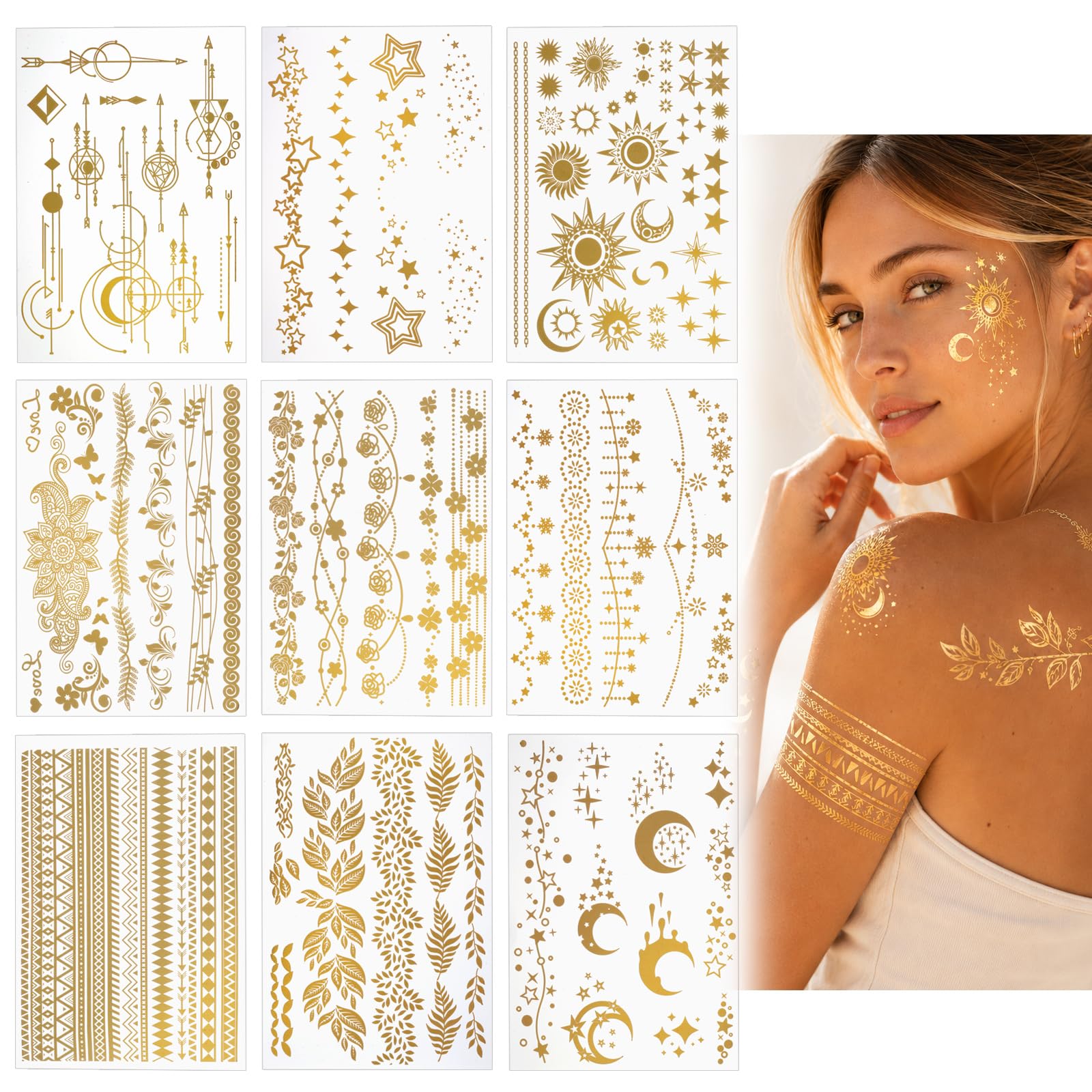 Deepton Festival Tattoos Gold,Glitzer Tattoos Erwachsene Damen für Karneval | Festival & Boho Temporär Tattoos zum Aufkleben, Metallic Gesicht & Body Tattoos, Wasserfeste Festival Zubehör, für Party