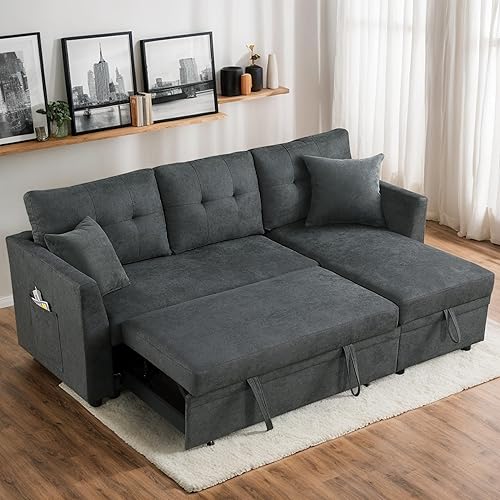 ERYE L-Shaped Reversible Sleeper Sectional Sofa 3 in 1 Pull Out Sleep Couch Bed with Storage Chaise, Modern Upholstered Convertible Sofabed Corner Tufted Sleep Daybed W/2 Pillows for Living Room
